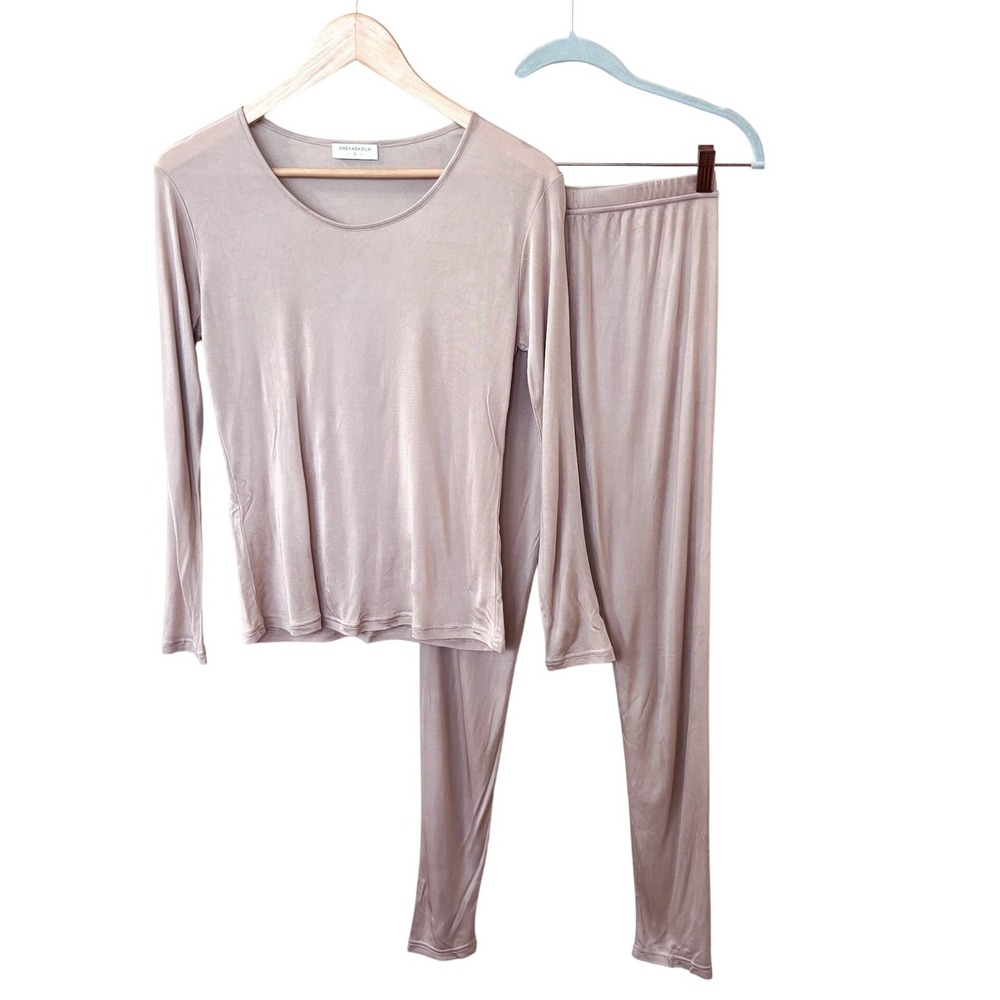 Grenasa Silk Womens Lounge Pajama 2 Piece Set Size S‎ Beige Luxury